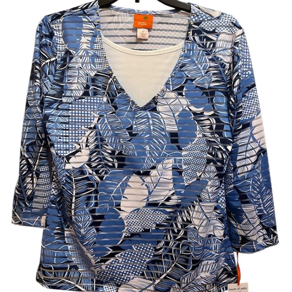 Hearts of Palm Women's M Blue Floral V-Neck 3/4 Sleeve Blouse NWT